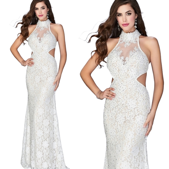 La Femme Dresses & Skirts - New La Femme Sleeveless Embellished Illusion High Halter Neck Laced Gown